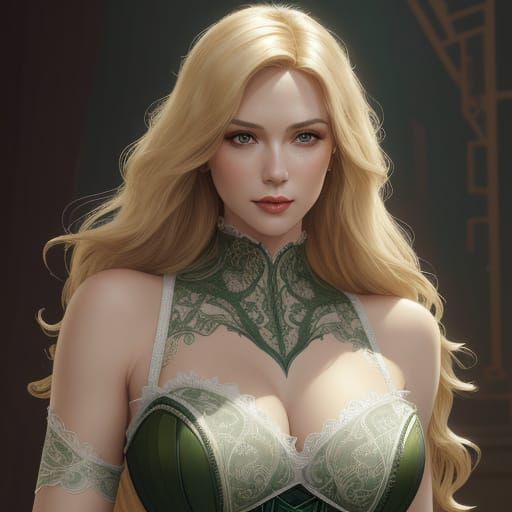 Art Deco Blonde Woman in Green Lace Corset