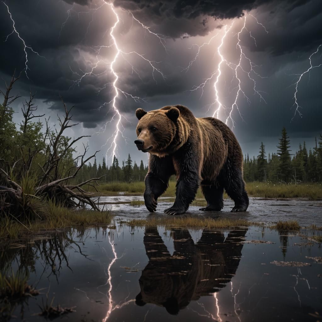Bear in Stormy Swamp: Photorealistic 8K Photography