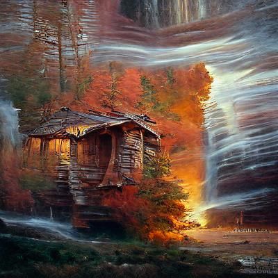 Autumn Sunset Log Cabin: Oil Painting