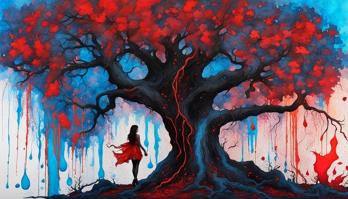 Ancient Tree with Red Leaves and Neon Waterfall