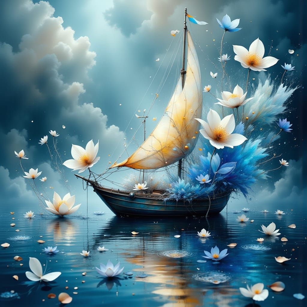 Sailboat Amidst Vibrant Floral Fantasy
