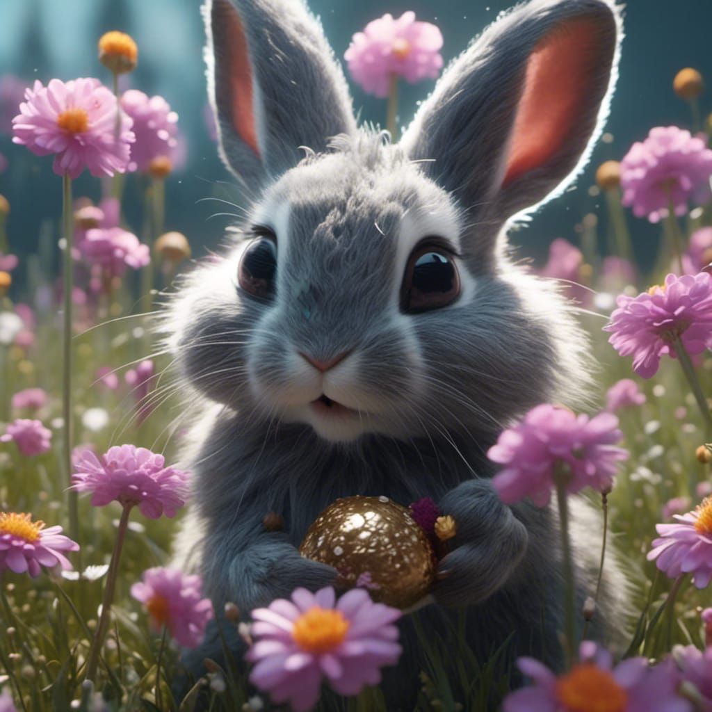 Grey Cottontail Bunny in Flowery Meadow