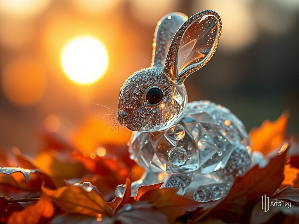 Glass Bunny with Autumn Leaves in Ethereal Light