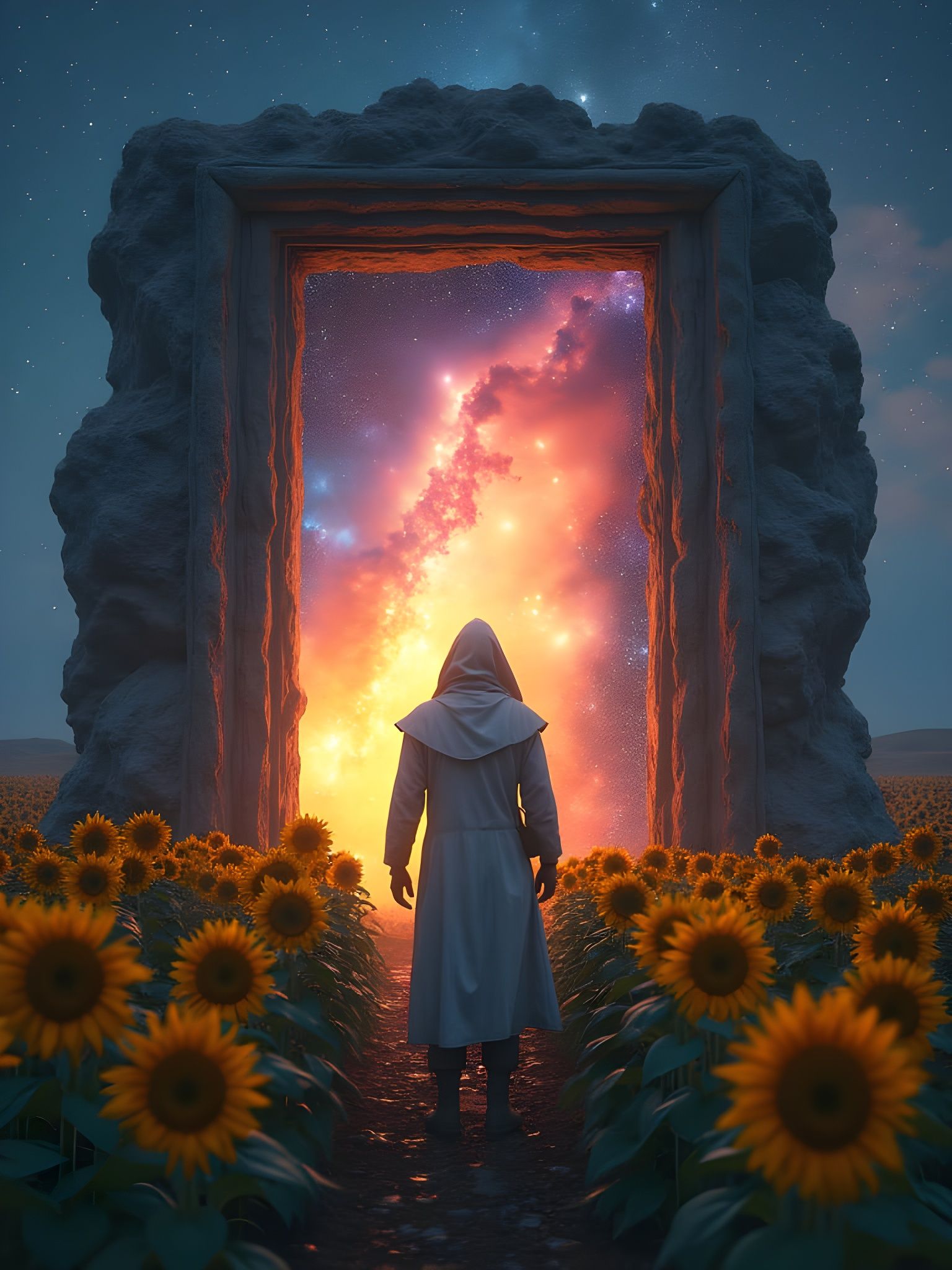 Hyper-Realistic Futuristic Time Traveler in Cosmic Bloom