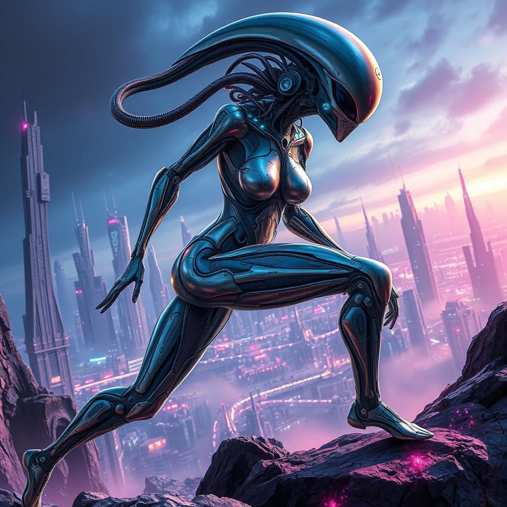 Biomechanical Woman in Futuristic Cyberpunk Cityscape