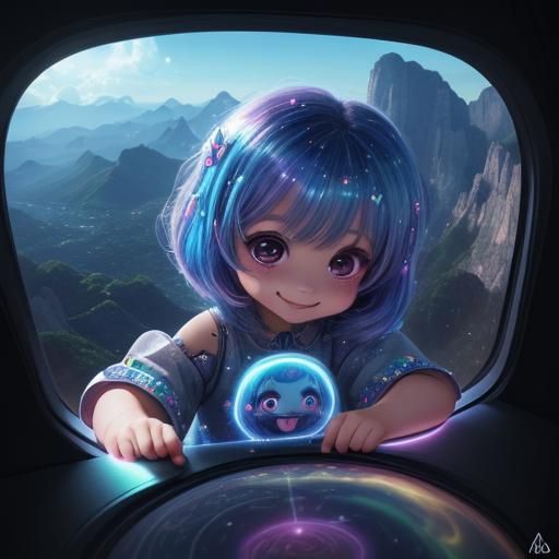 Cosmic Chibi Character Illustration in Mixed Media