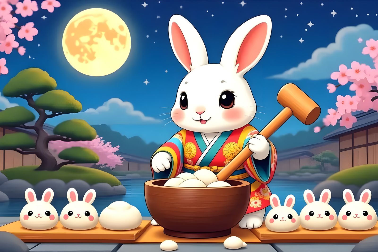 Cute Rabbit Pounding Mochi in Japanese Garden