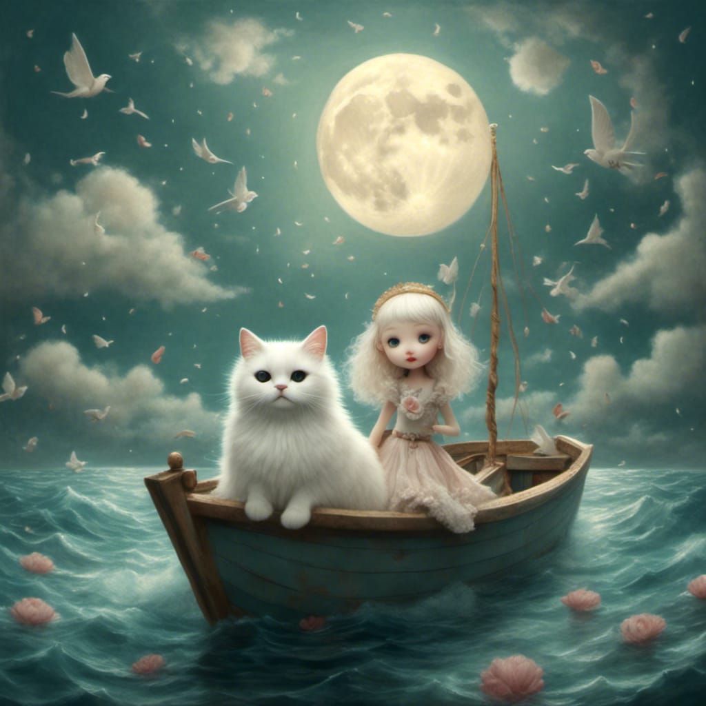 Whimsical Fantasy Art: Girl and Cat on the Sea
