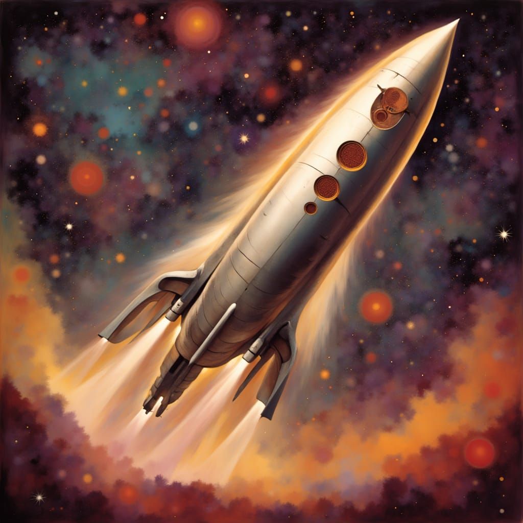 Retro Rocket Launching into Vibrant Cosmic Nebula