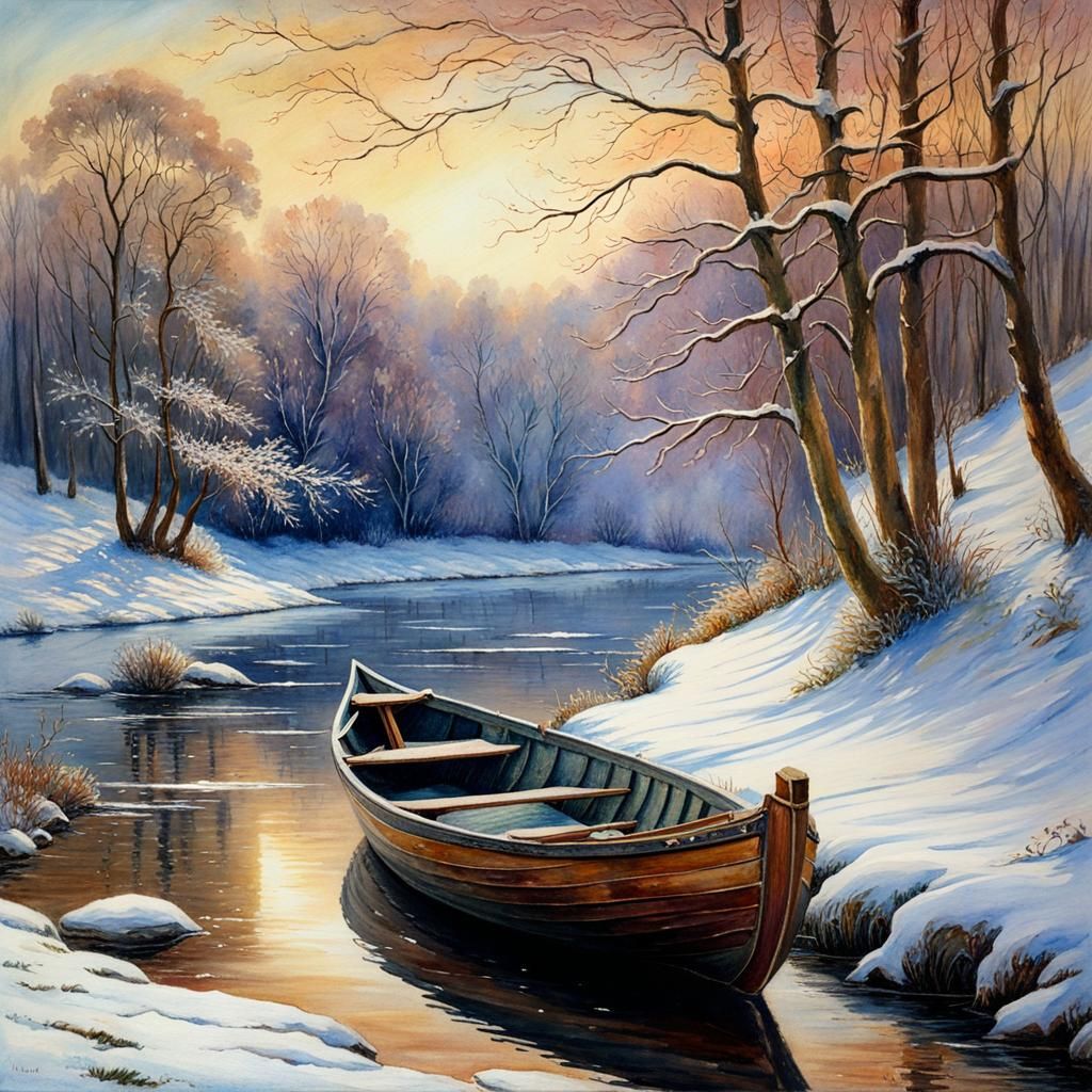 Winter River Rowboat: Watercolour Visual Fractals Painting