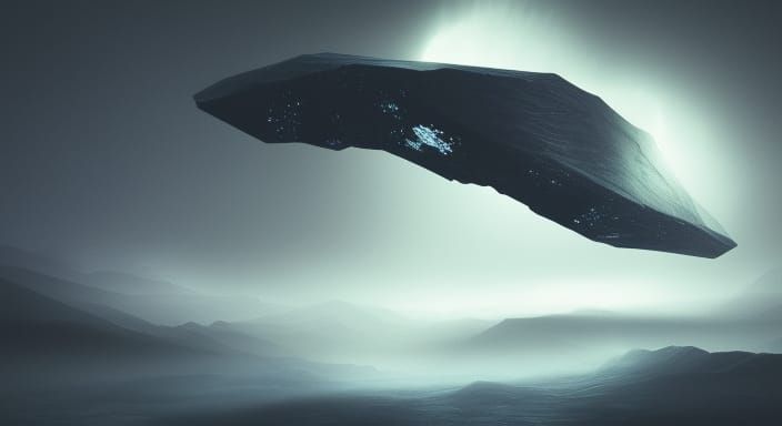 Floating Obsidian Crystal in Dark Fantasy Landscape