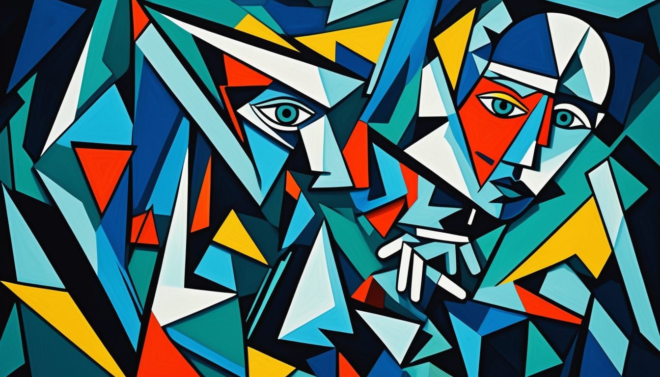 Fragmented Figure in Vibrant Cubist Geometric Abstraction