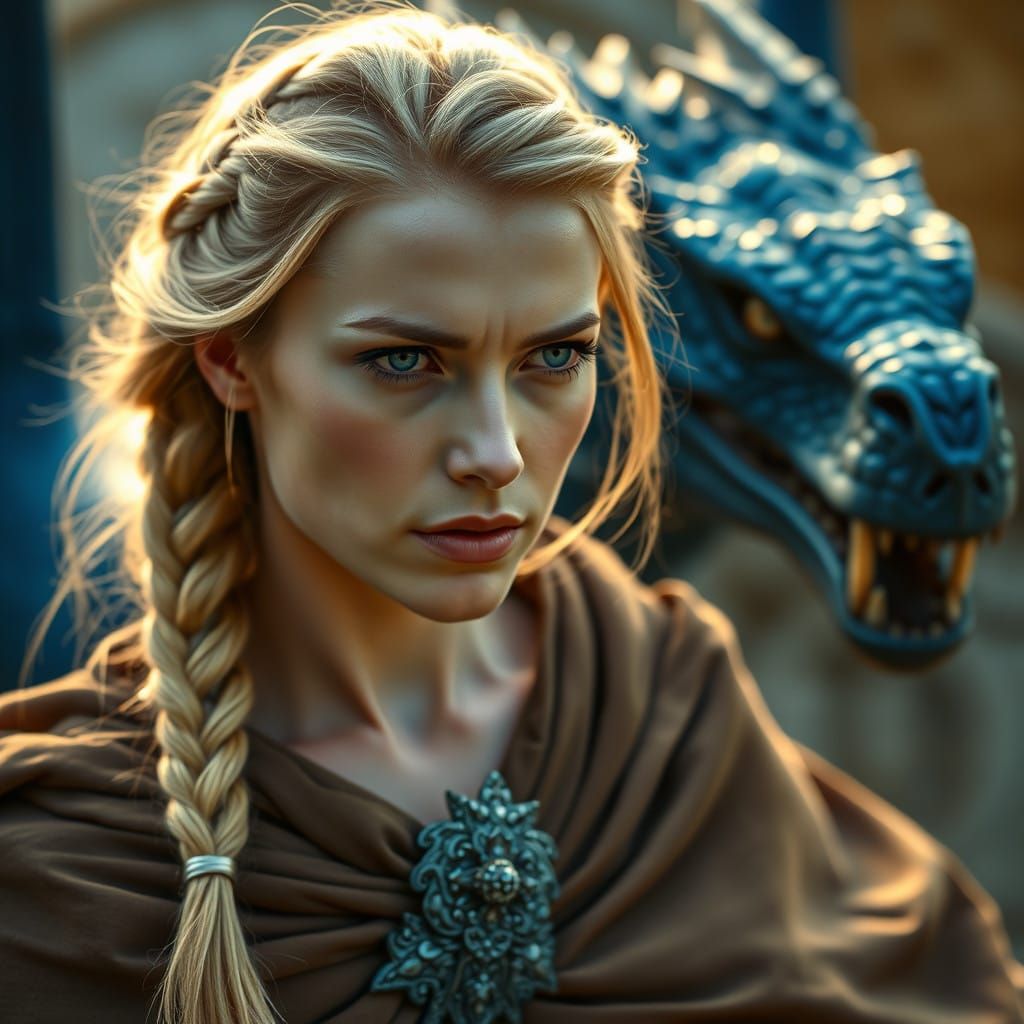 Epic Fantasy Scene: Blonde Warrior Faces Off Against Majesti...