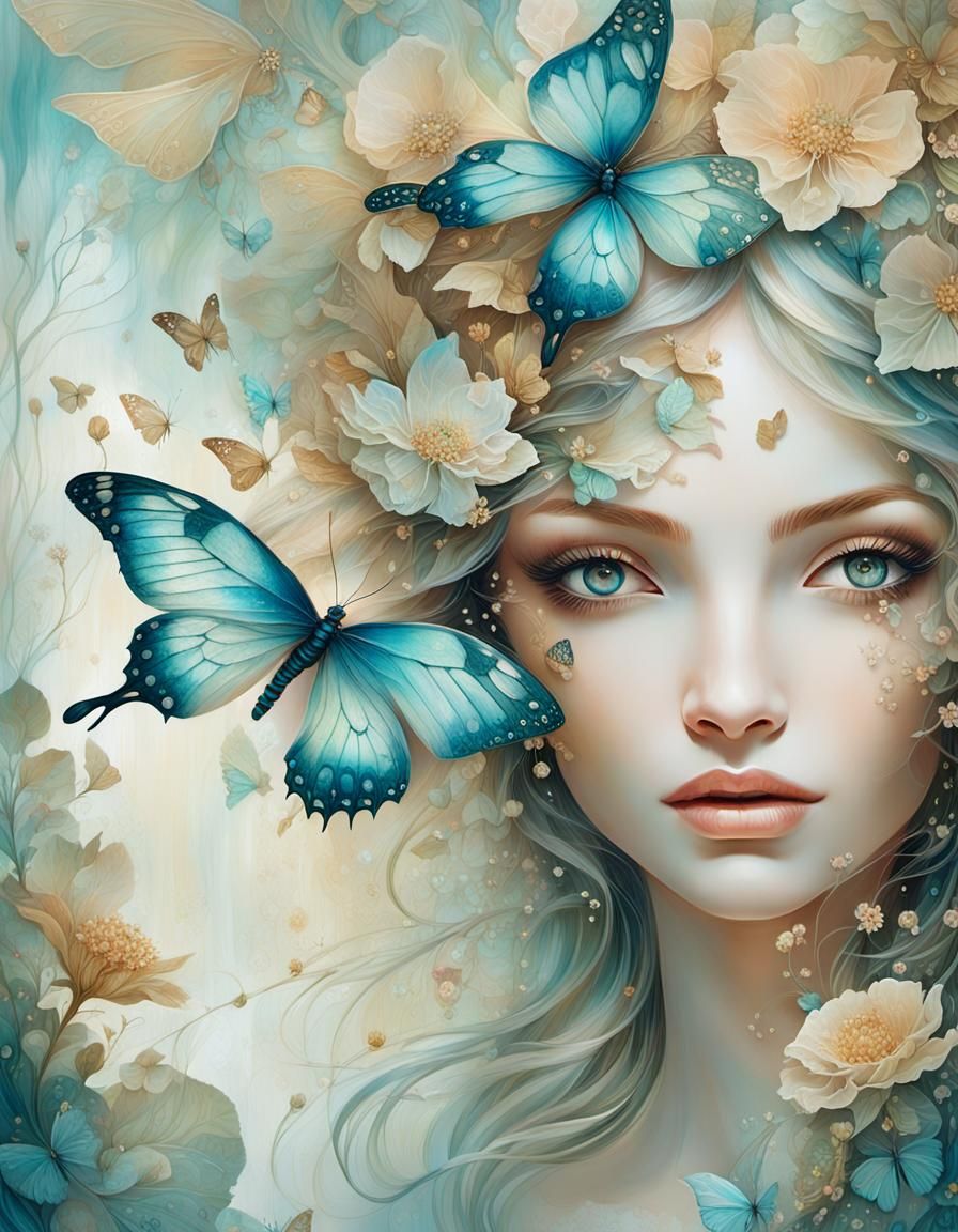 Woman with Butterfly Wings in Whimsical Forest