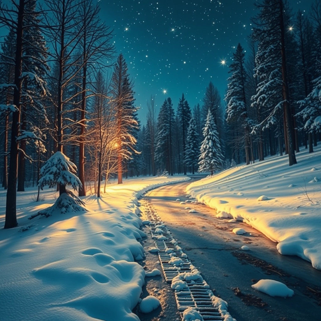 Shimmering Stars Over Frozen Enchanted Forest Path