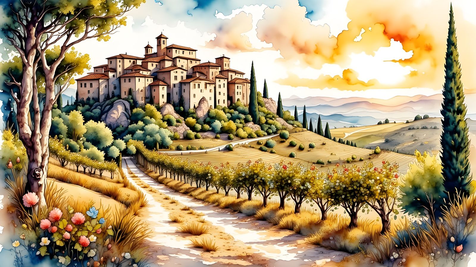 Tuscan Town of Pitigliano in Golden Hour Watercolor