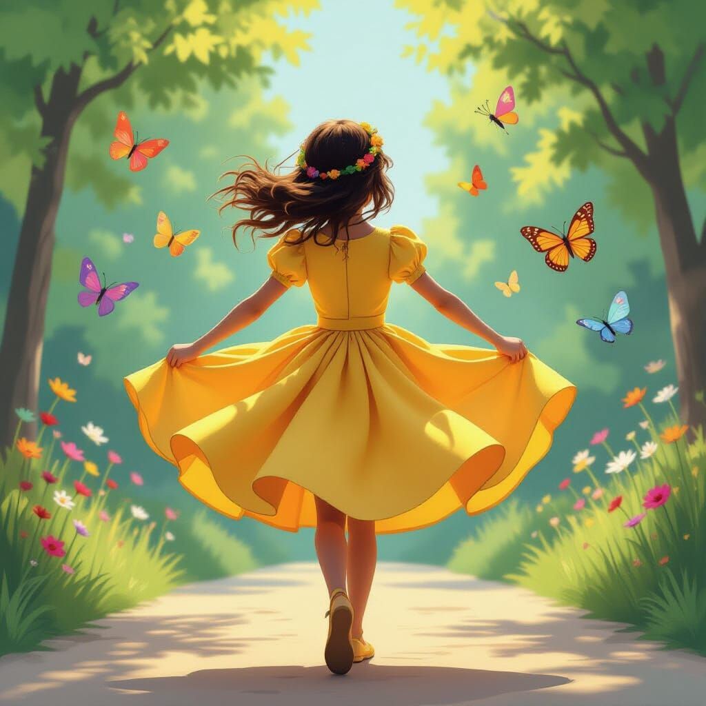 Girl in Yellow Dress Dancing Amidst Butterflies
