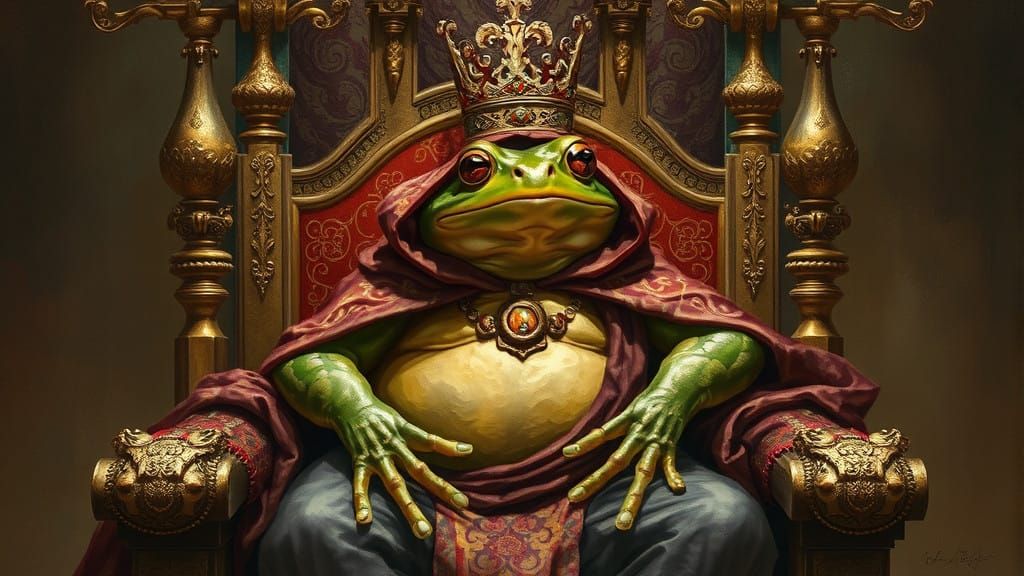 Regal Amphibian Ruler Surrounded by Opulence
