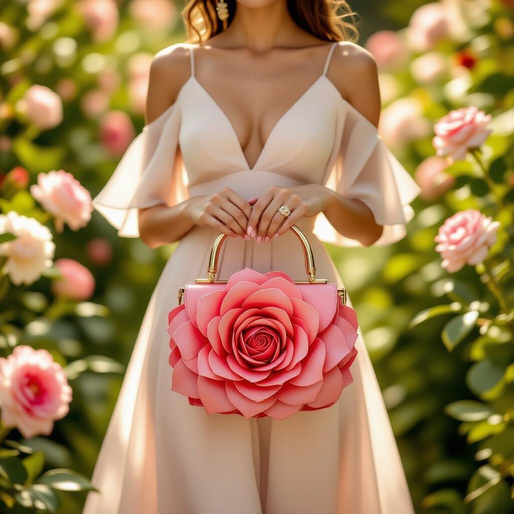Elegant Woman with Rose Handbag in Garden