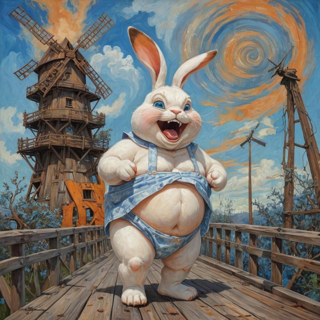 Distressed Bunny on Bridge: Graffiti Art Style