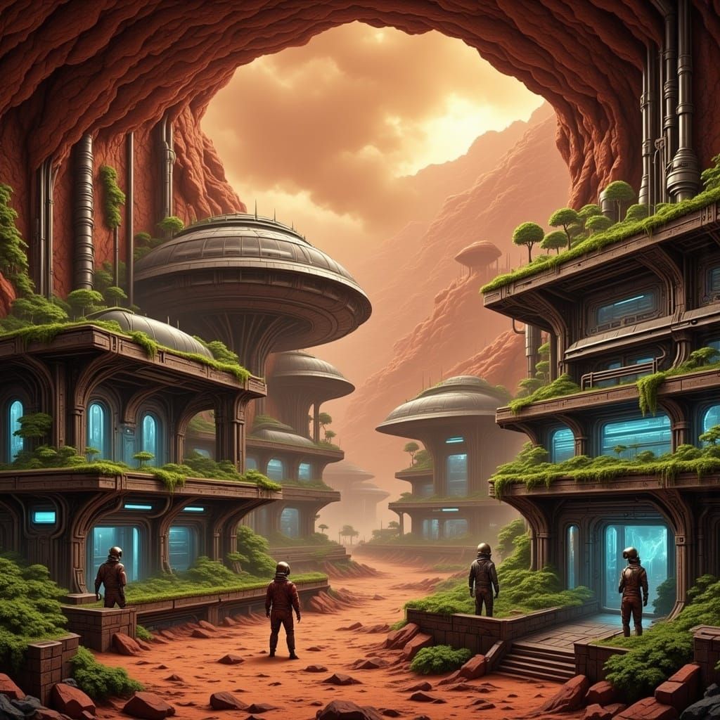 Vast Martian Lava Tube Habitat in Futuristic Landscape