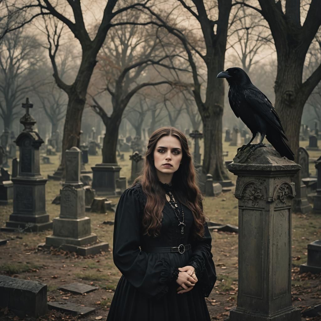 Gothic Woman with Raven in Cemetery Portrait