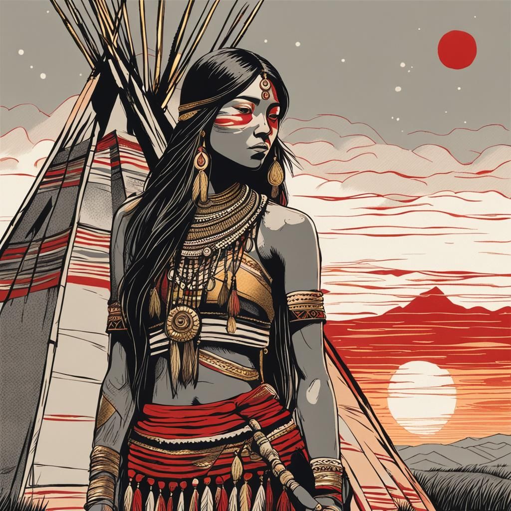 Red Indian Girl Combing Hair: Yoshitaka Amano Style