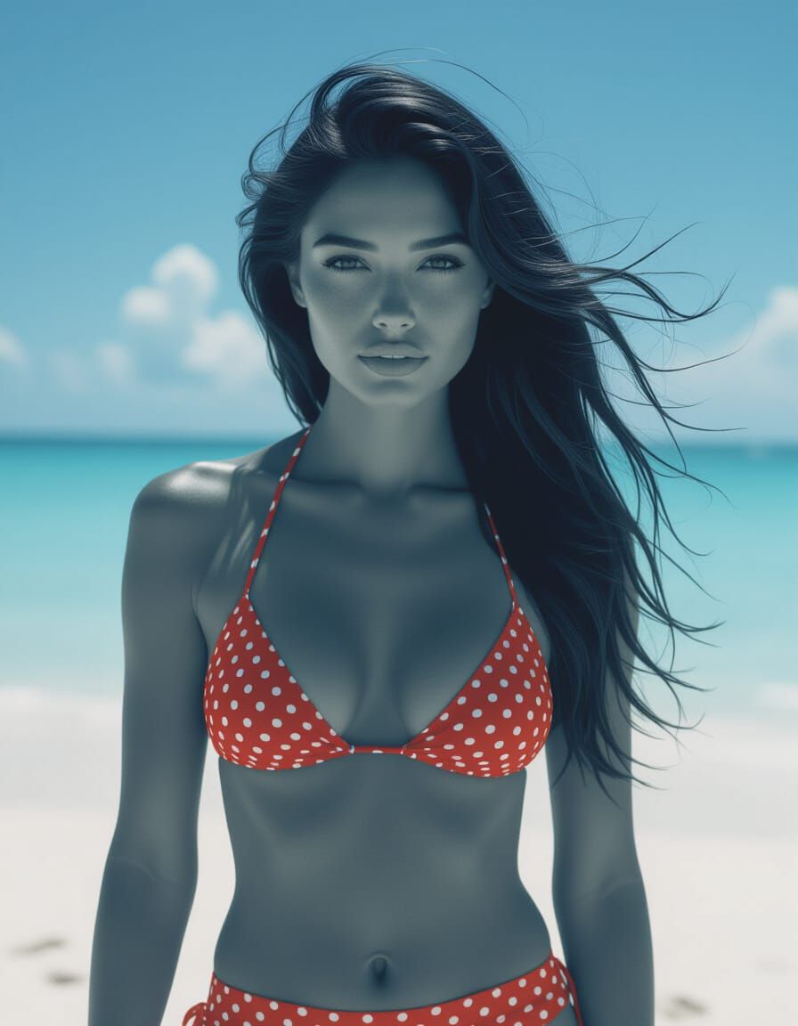 Woman in Polka Dot Bikini: Cyanotype Photographic Portrait