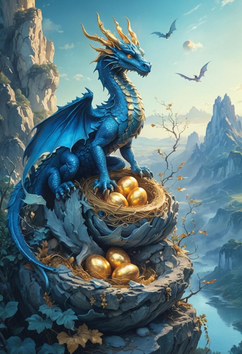 Dragon on Golden Egg in Surreal Landscape