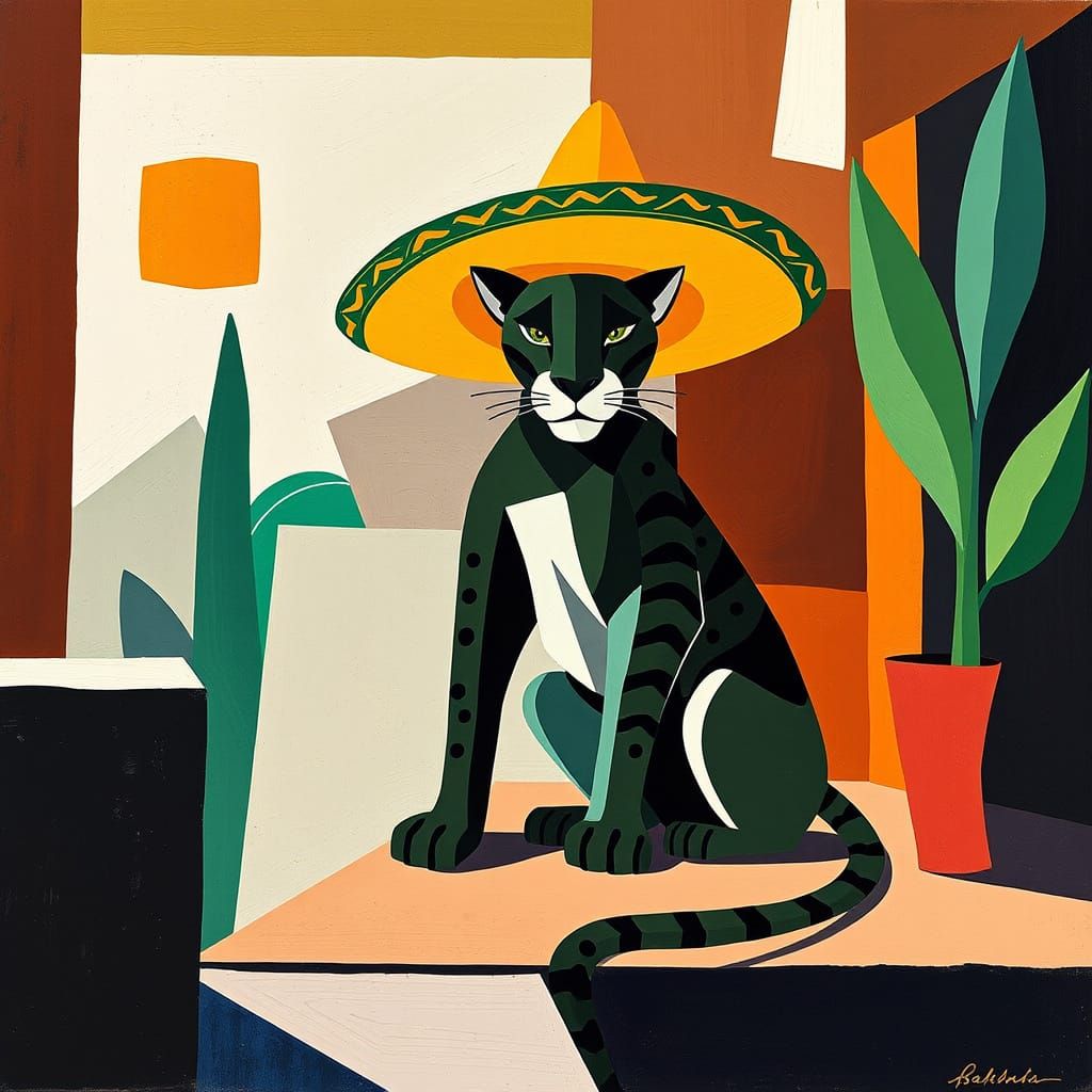 Panther in Sombrero: Cubist Geometric Abstraction