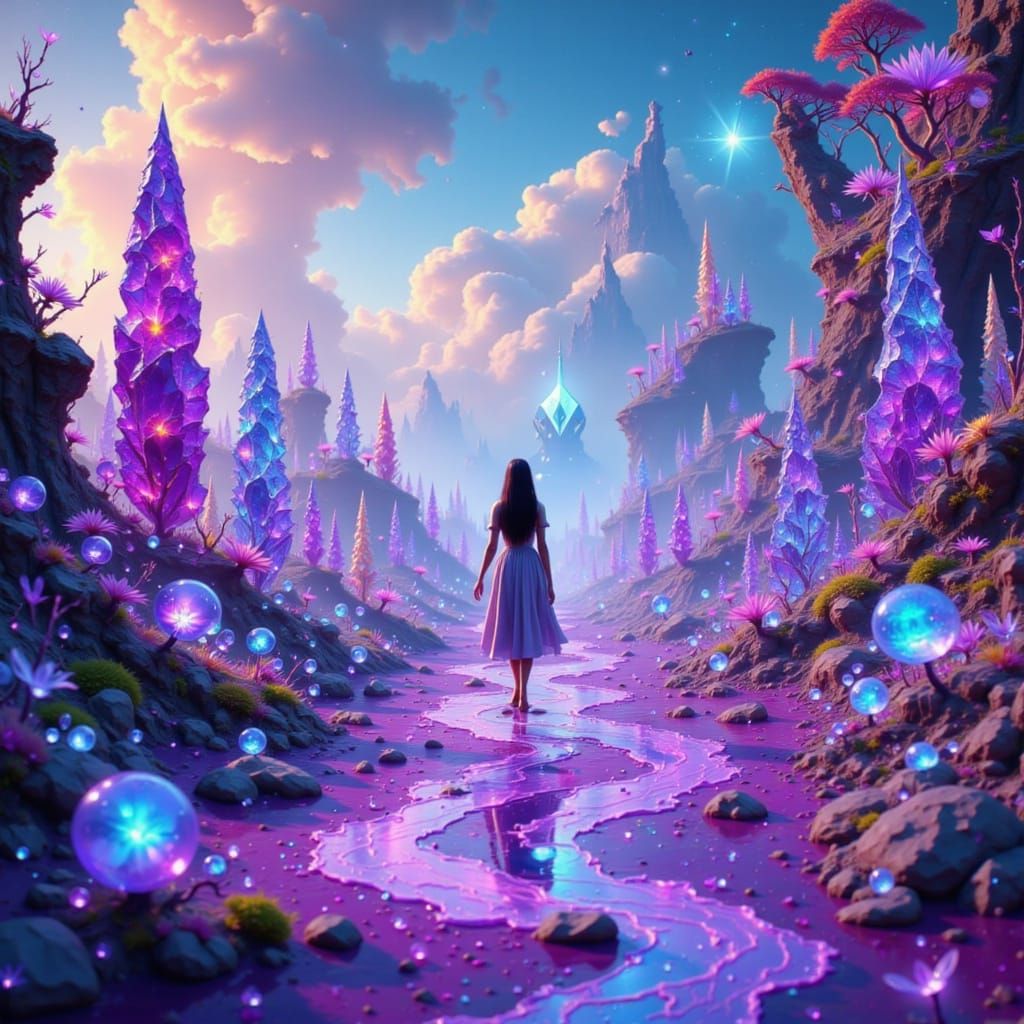 Woman on Purple Sands with Alien Creatures