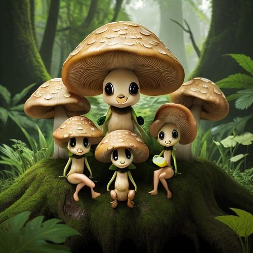 Anthropomorphic Mushrooms in Lush Forest: Macro Photography