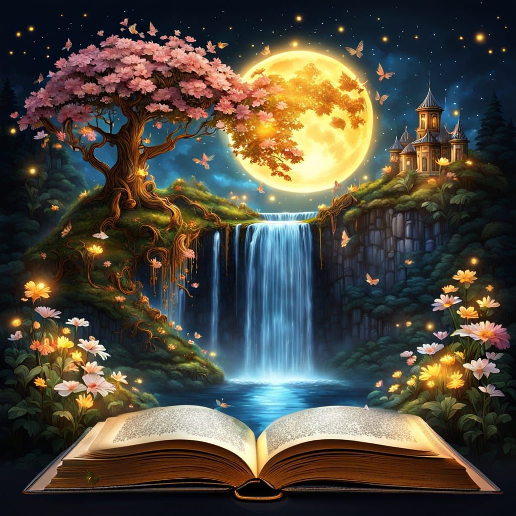 Glowing Fairy Waterfall in Ancient Book Digital Art