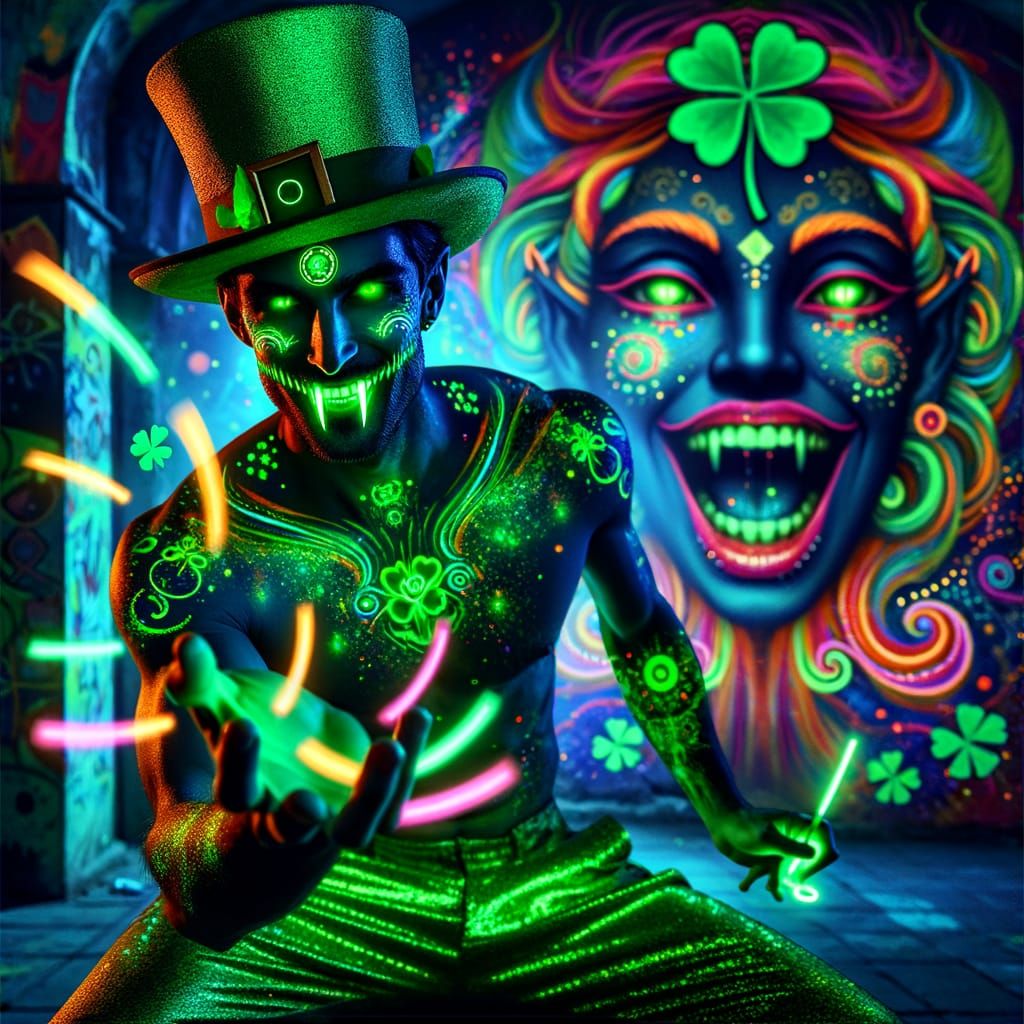Ethereal Vampire Leprechaun in a Vibrant Graffiti Night