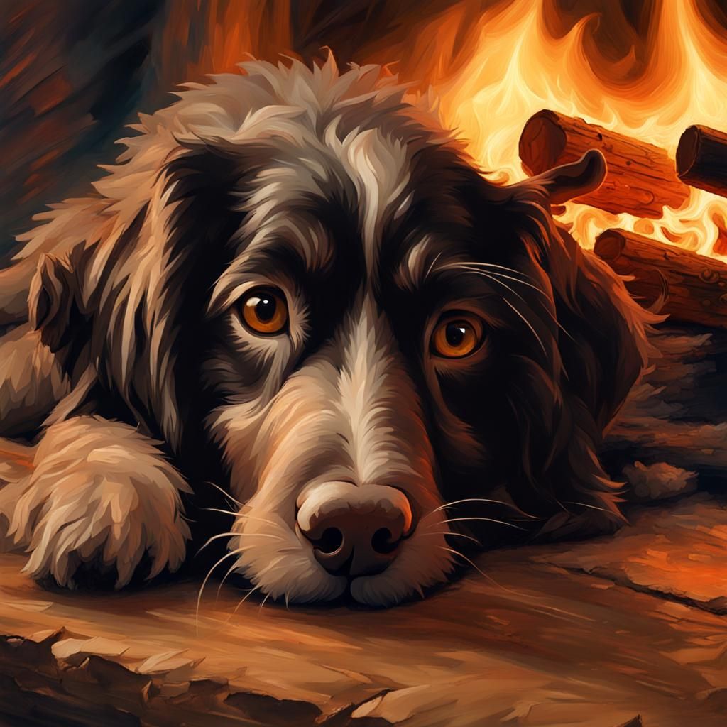 Dog Relaxing by Fire: Hyperrealistic Impasto Painting