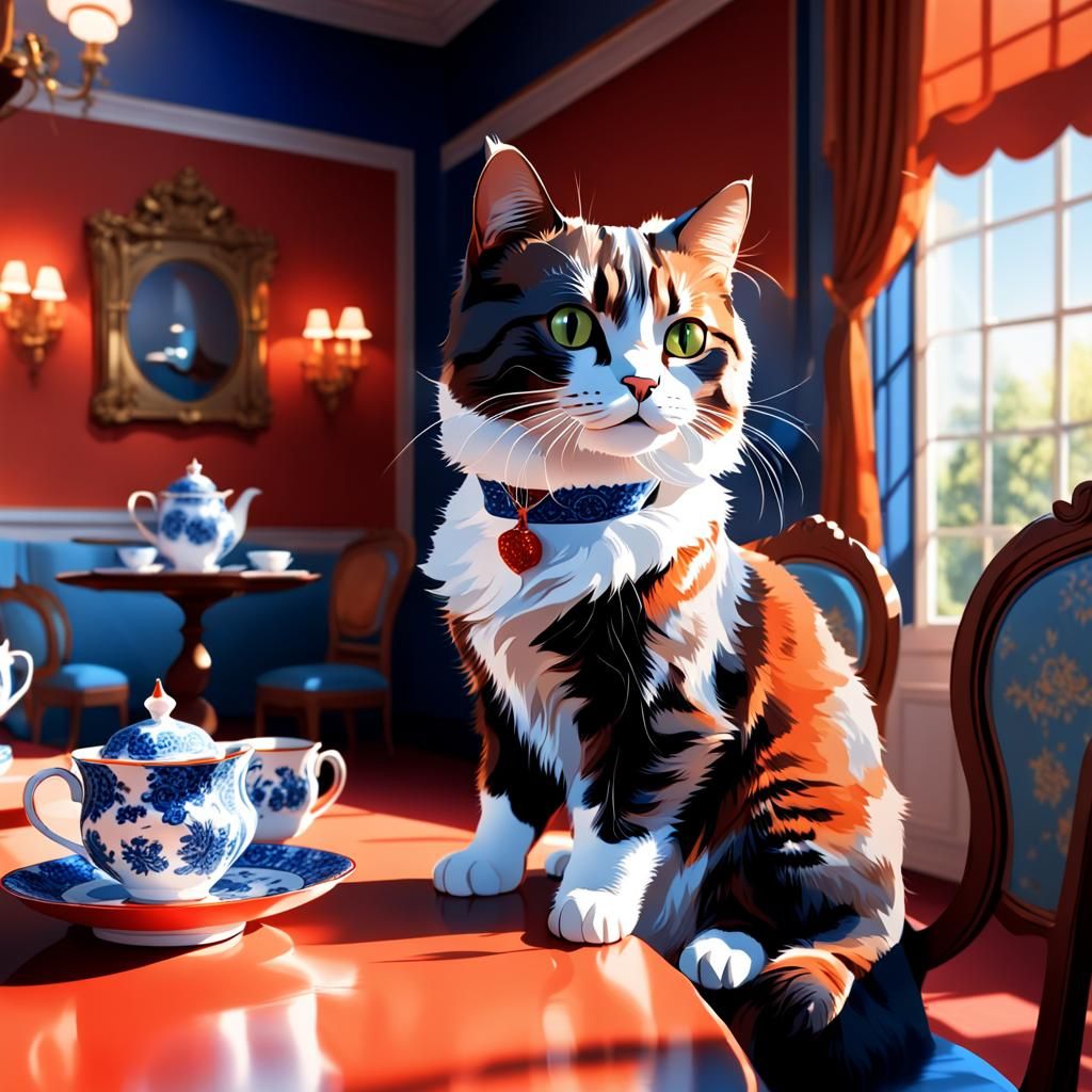 Aristocratic Cat in Tea Room with Volumetric Lighting