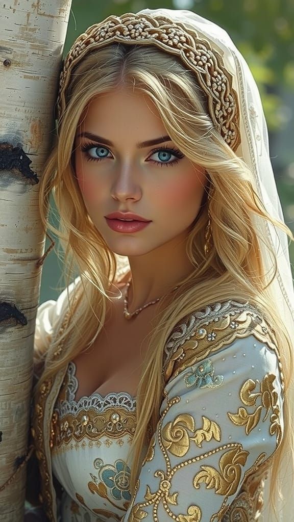 Blonde Woman by Birch Tree: AI Generated Image