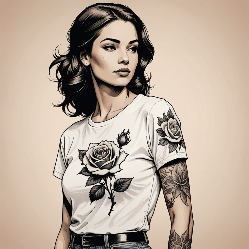 Retro Ink Drawing of Woman with Rose Tattoo