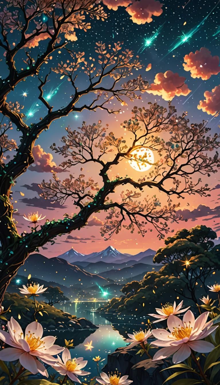 Mystical Sunset Scene with Jeweled Trees