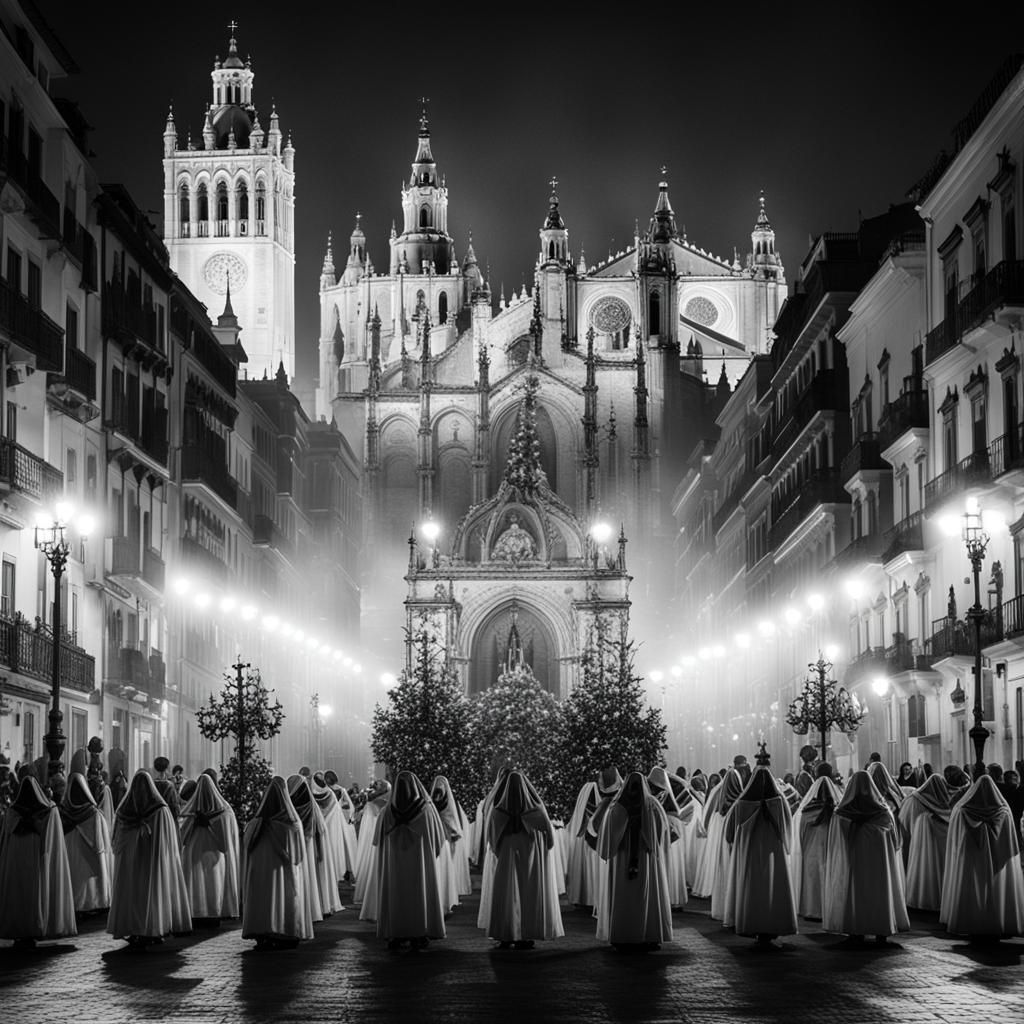 un paso de semana santa por la noche con el fondo de la cate...