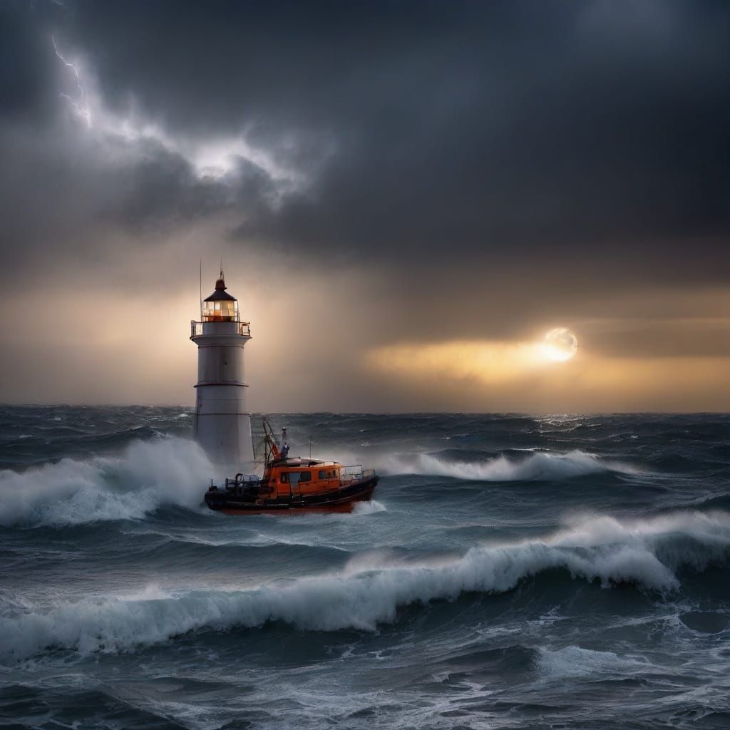 Lifeboat Battling Midnight Storm Chaos Near Lighthouse