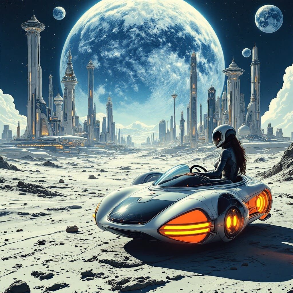 Futuristic Lunar Utopia: Woman Drives Flying Car Amidst Curv...