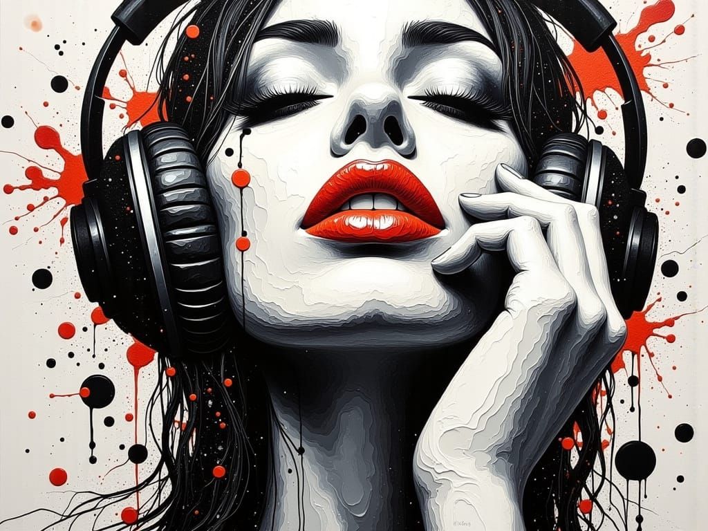 Minimalist Portrait of a Woman Wearing Headphones in a Vibra...