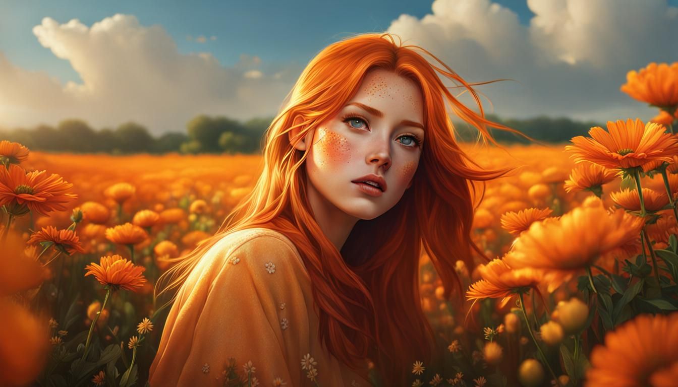 Freckled Girl in Orange Flower Field: Hyperrealistic Portrai...