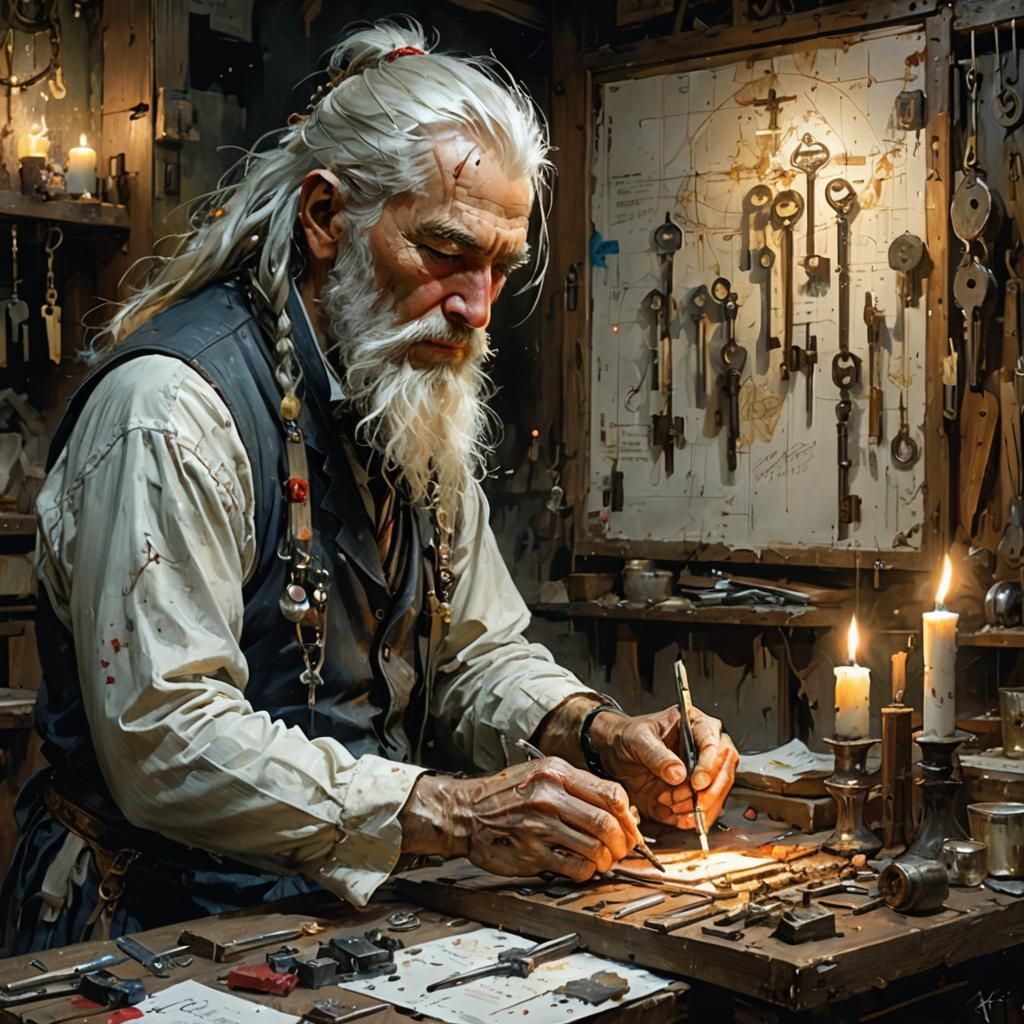 Medieval Keymaker in Candlelit Shop: Fine Art