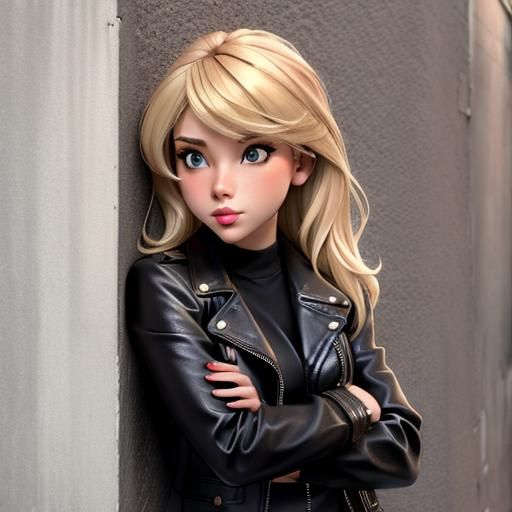 Blond Woman in Leather Jacket on City Street