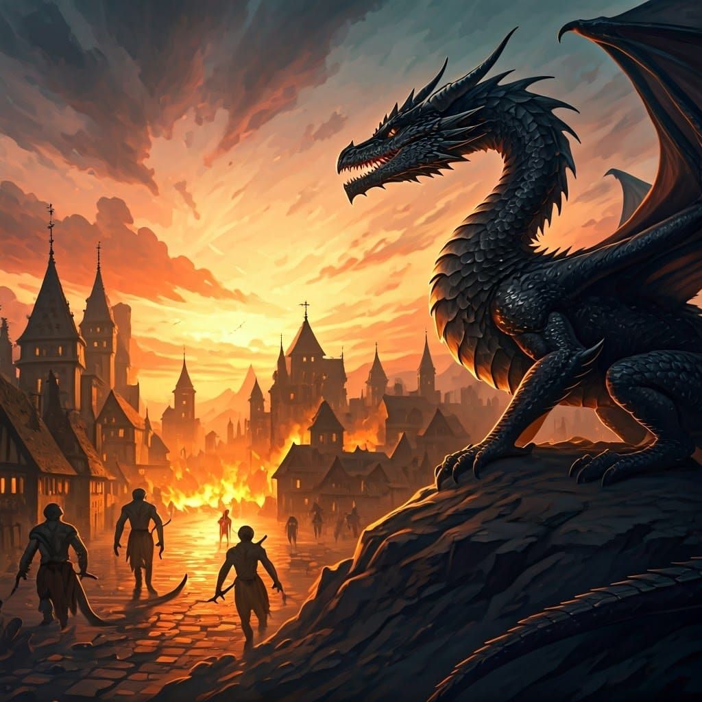 Black Dragon Watching Lizard Men Burn Town