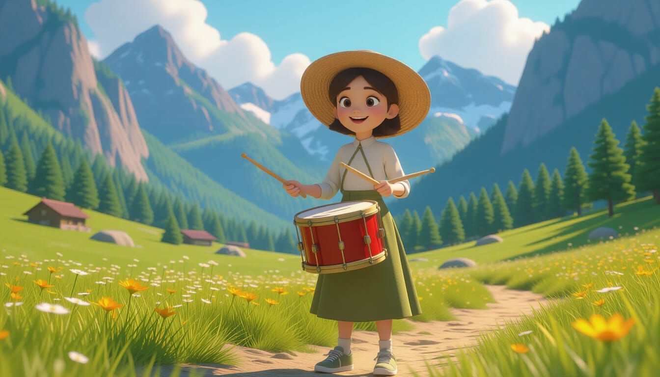 Joyful Girl Drummer in Pixar-Style 3D Animation