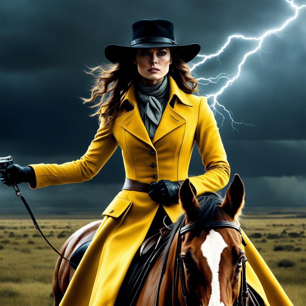 Kiera Knightley as Cowgirl Holding Gun in Lightning Storm