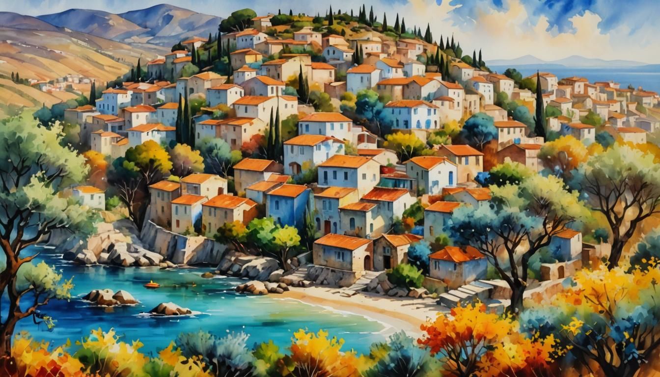 Greek Seaside Village: Impressionist Watercolor Landscape